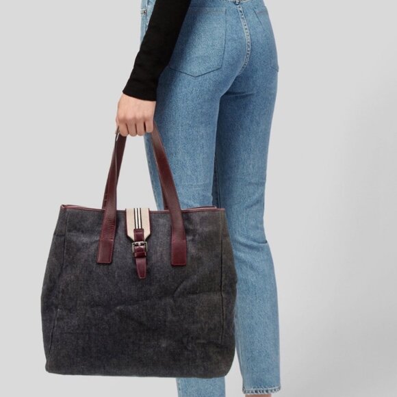 Burberry Dark Rinse Denim and Burgundy Leather Large Tote - Picture 1 of 16